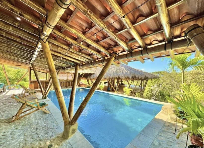 Swimming pool beneath a bamboo roof, surrounded by tropical vegetation